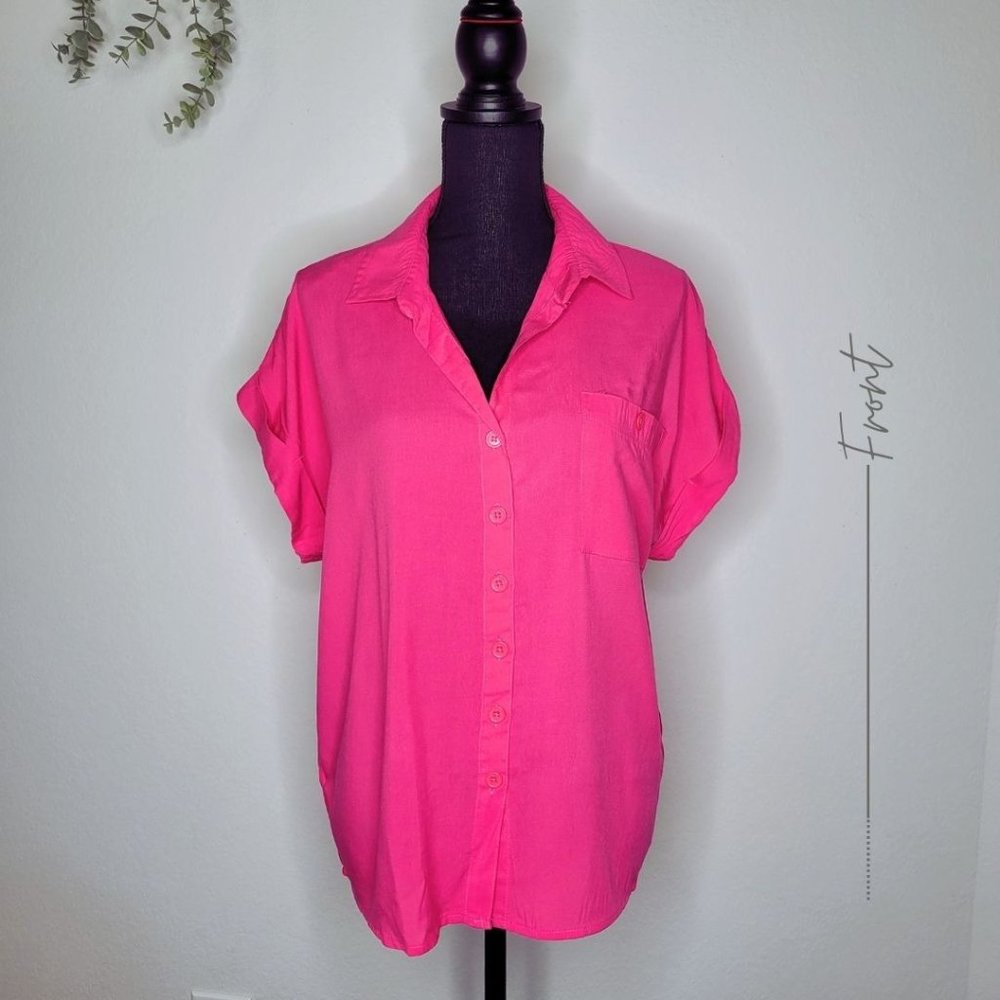 HOT PINK BUTTON UP  BLOUSE SHORT SLEEVES